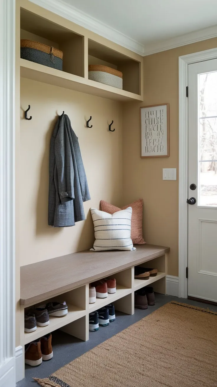 A tidy beige mudroom hallway, complete with bench, hooks, and rug, offers efficient coat and shoe storage near the exterior door