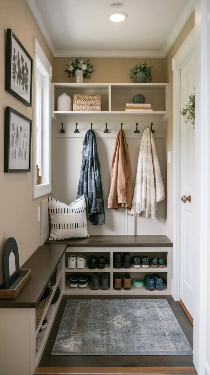 A bright beige mudroom hallway maximizes space in a tiny home with a bench, coat hooks, shelving, and shoe storage.
