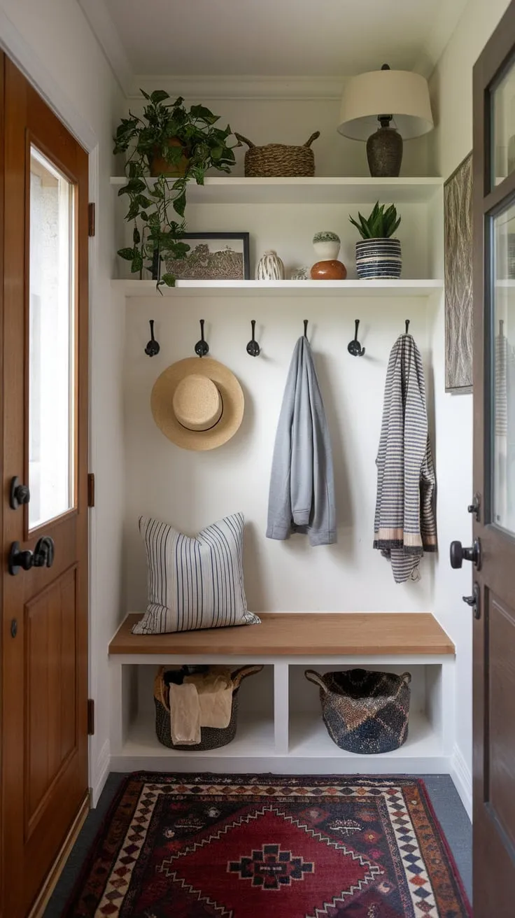 A charming mudroom hallway welcomes you with a cozy bench, handy hooks, and charming shelving, creating a functional and inviting entryway.