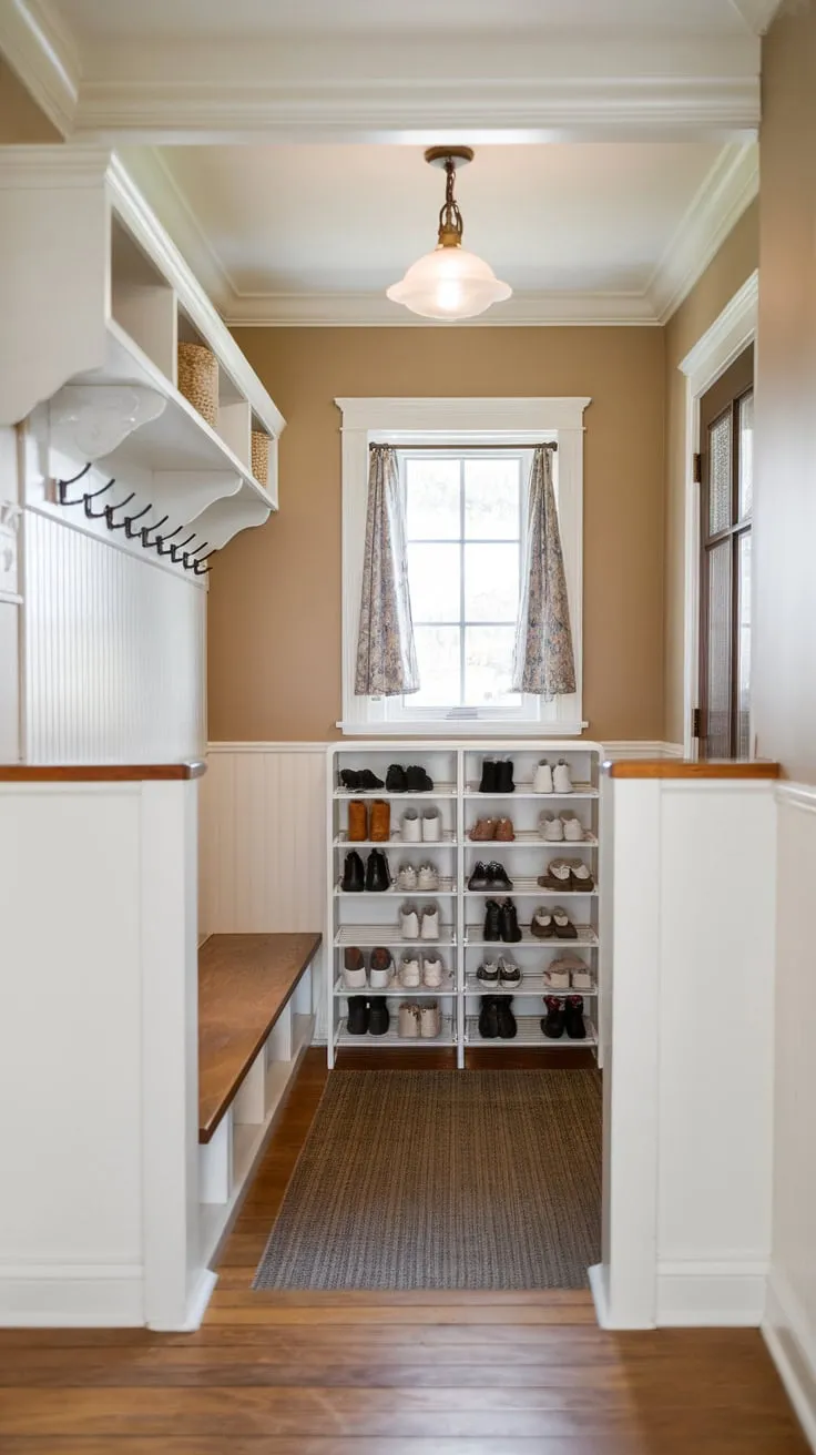 Organized functionality meets cozy charm in this split-entry mudroom hallway, complete with built-in storage and a welcoming wooden bench.
