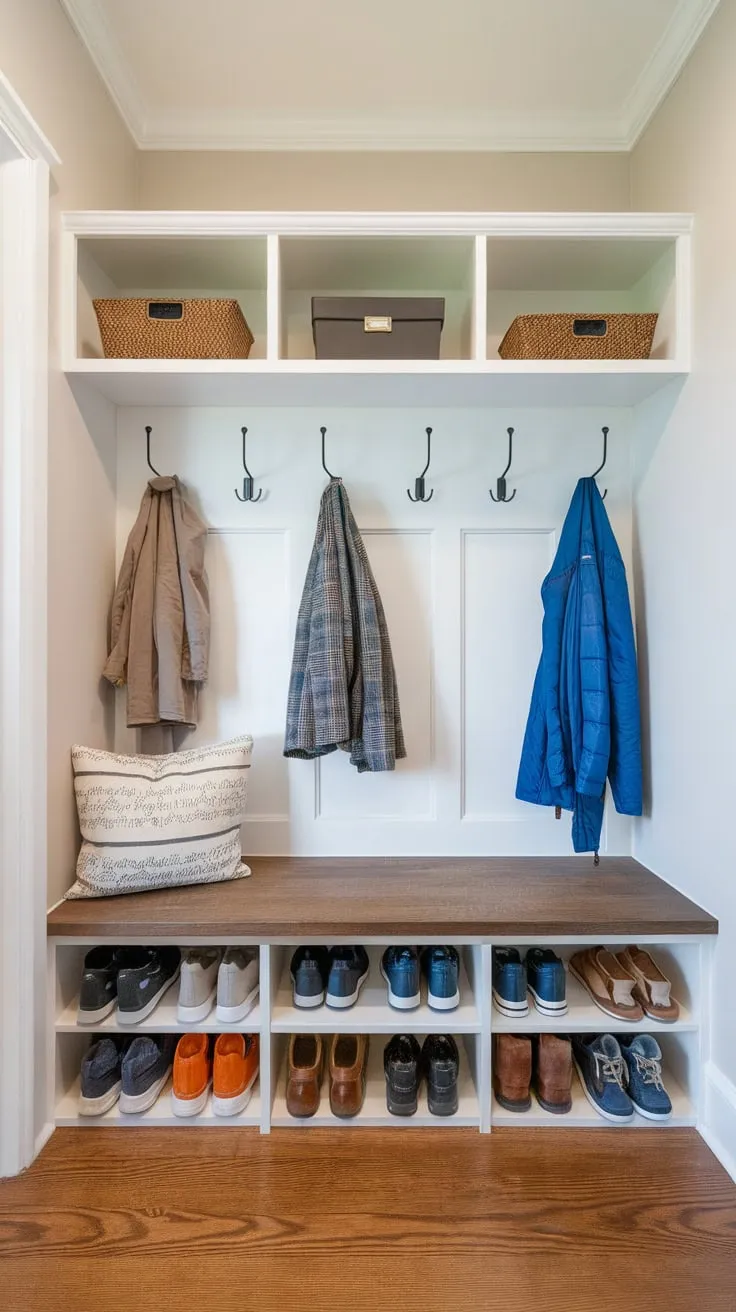 A small mudroom hallway maximizes space with split-entry shoe and coat storage, a bench with hooks, and wall shelves all atop a wood floor