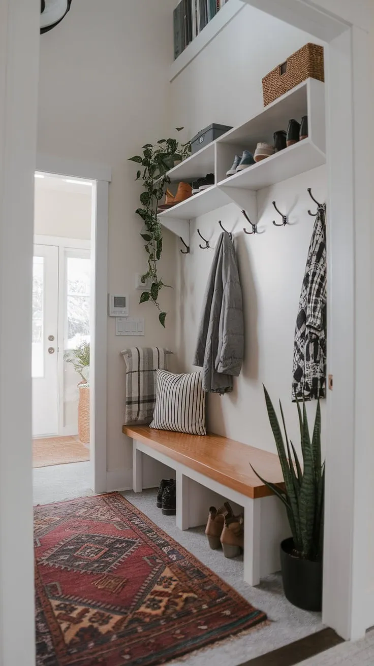 A bright, airy mudroom hallway boasts ample storage, a comfy bench, and welcoming greenery.