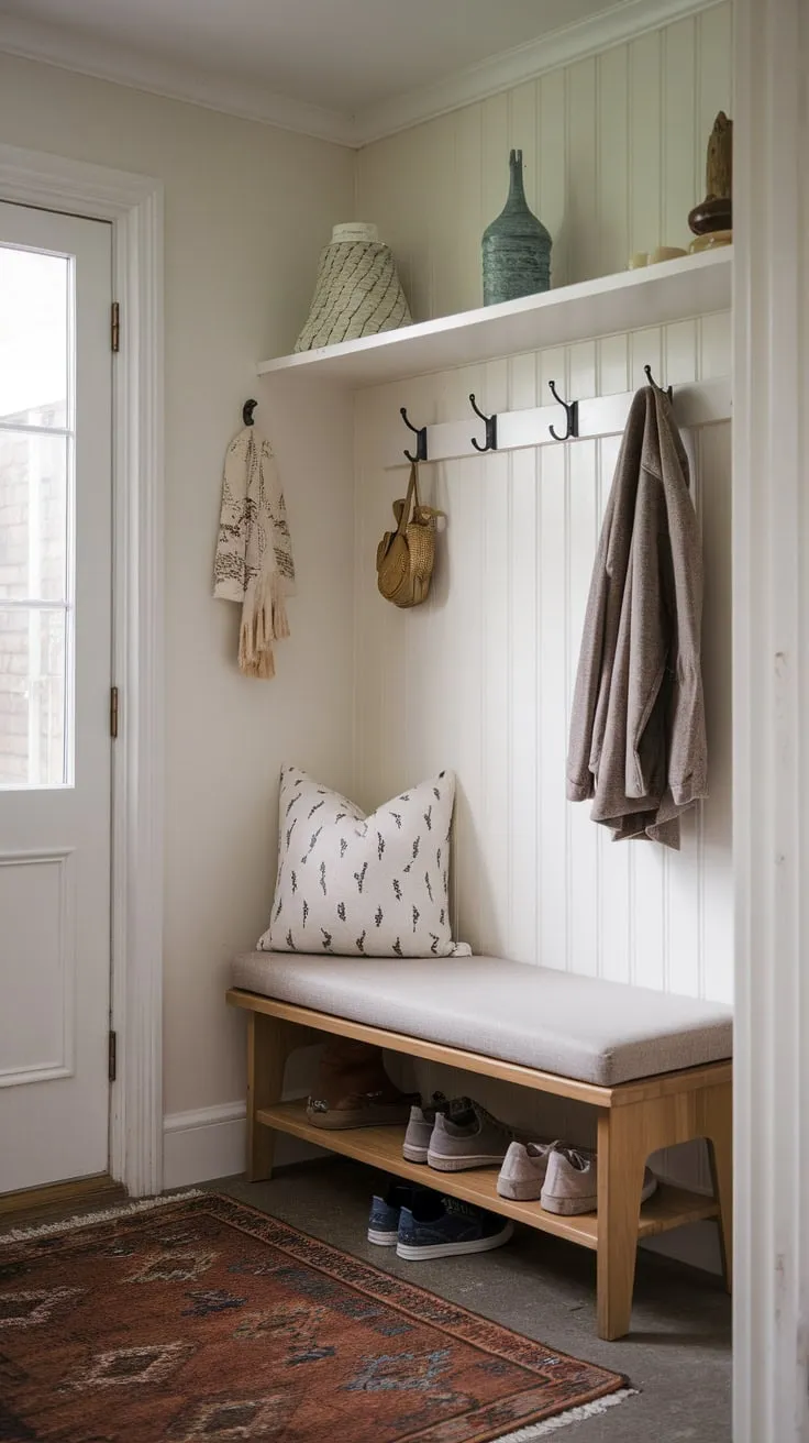 White walls and thoughtful details transform a small entryway into a functional and inviting mudroom.