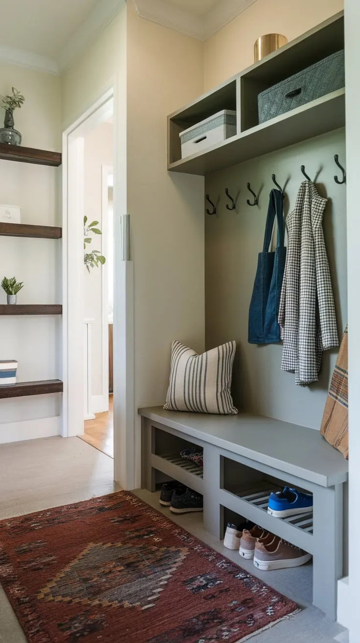 A small yet functional mudroom boasts ample storage and a comfortable bench, creating a tidy and inviting entryway.