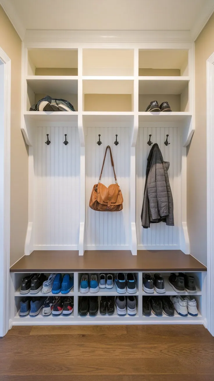 A bright mudroom hallway boasts split-entry shoe storage, a bench with hooks and cubbies, all on warm wood floors