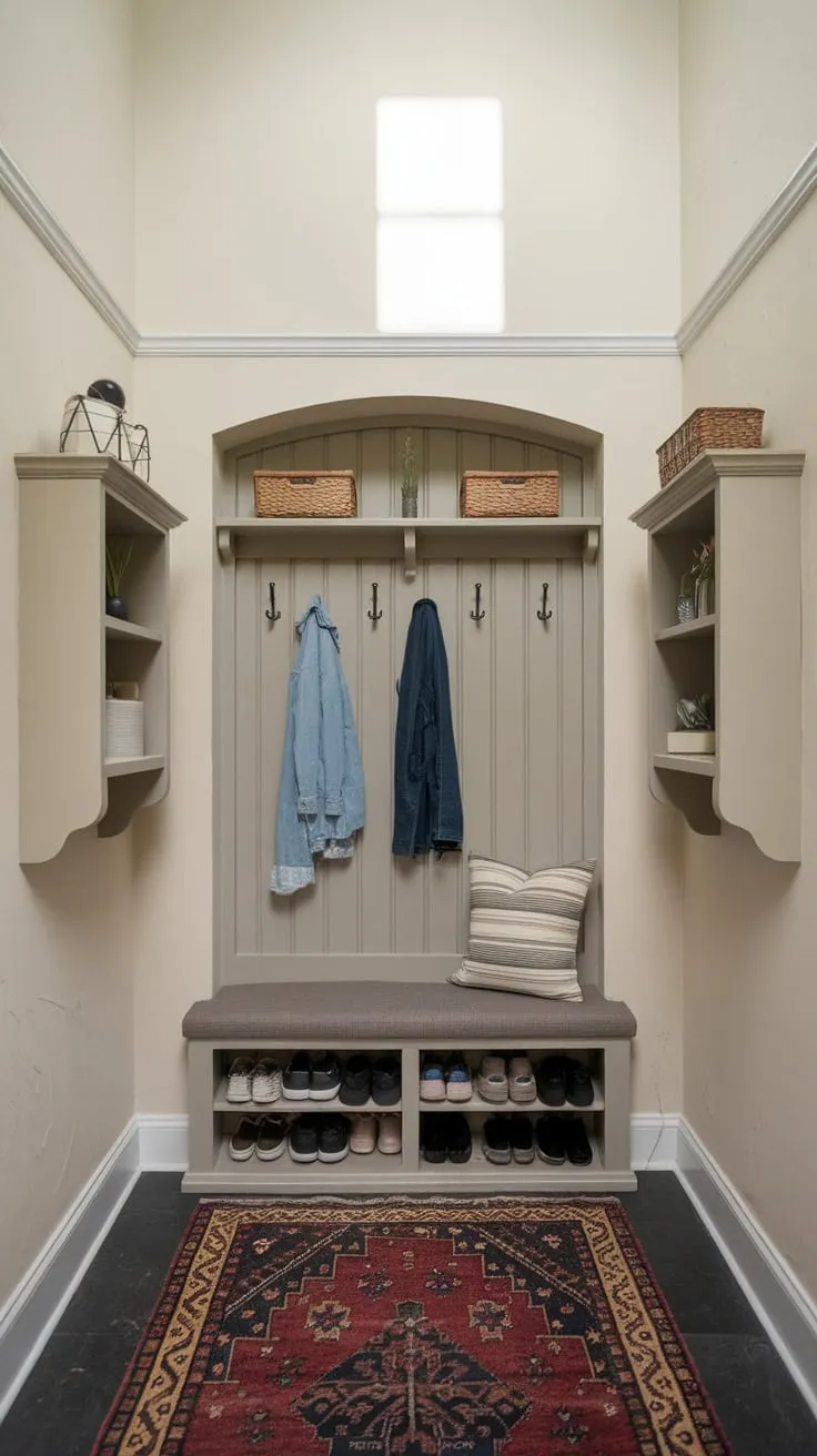 A bright, airy mudroom hallway welcomes you with a built-in bench, ample storage, and a cozy rug.