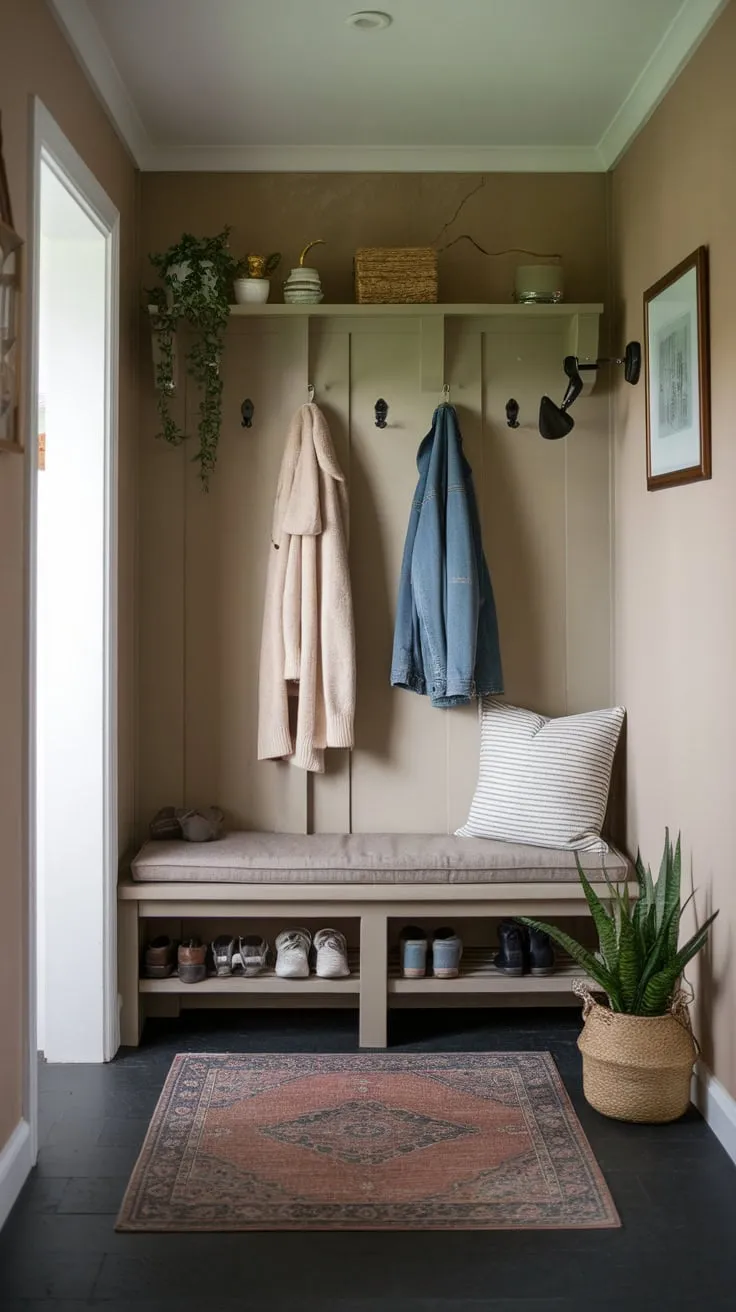 A cozy mudroom hallway boasts a cushioned bench with coat hooks, stylish décor, and ample shoe storage.