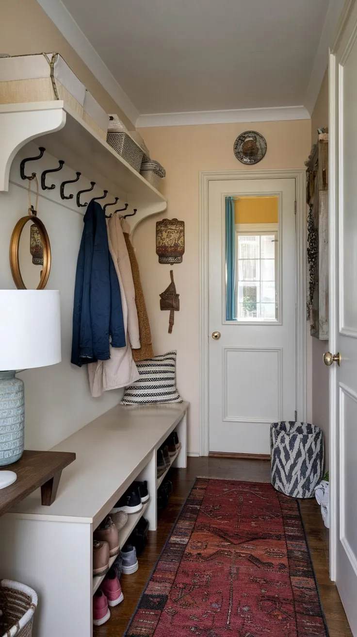 A cozy mudroom hallway welcomes you with a bench, coat hooks, and storage, creating a functional and inviting entryway