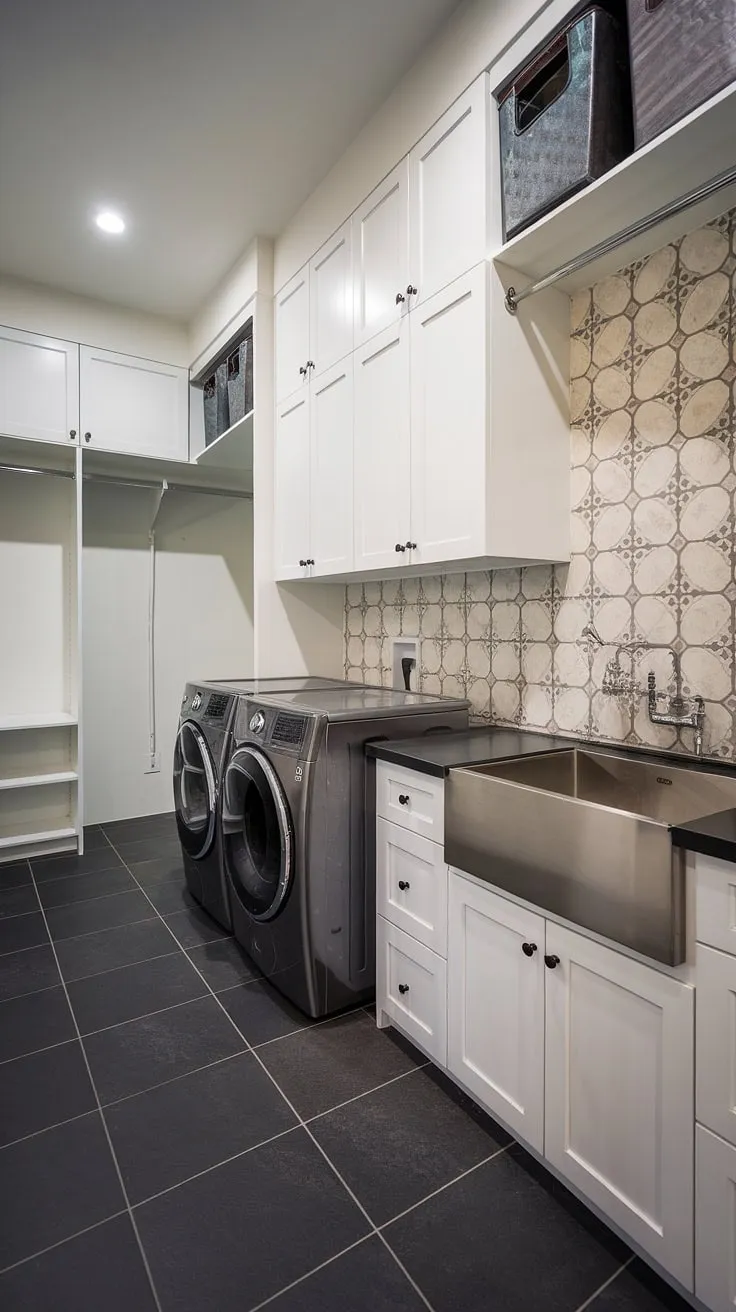 Transform your laundry routine with this stunning laundry room renovation.  The sleek white cabinets, stainless steel sink, and patterned tile backsplash create a stylish laundry room that's both practical and beautiful.  This pantry laundry room boasts efficient laundry room layouts and modern laundry rooms design, making it the ultimate mudroom laundry room and a true reflection of dream laundry room aspirations.