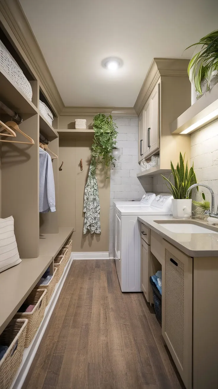 Transform your laundry routine with this stunning mudroom laundry room.  This laundry design showcases the best of modern laundry rooms, featuring smart storage solutions and a serene atmosphere.  The clever integration of a pantry within the laundry room layouts creates a truly efficient and stylish laundry room.  This dream laundry room is a testament to the power of a well-executed laundry room renovation.
