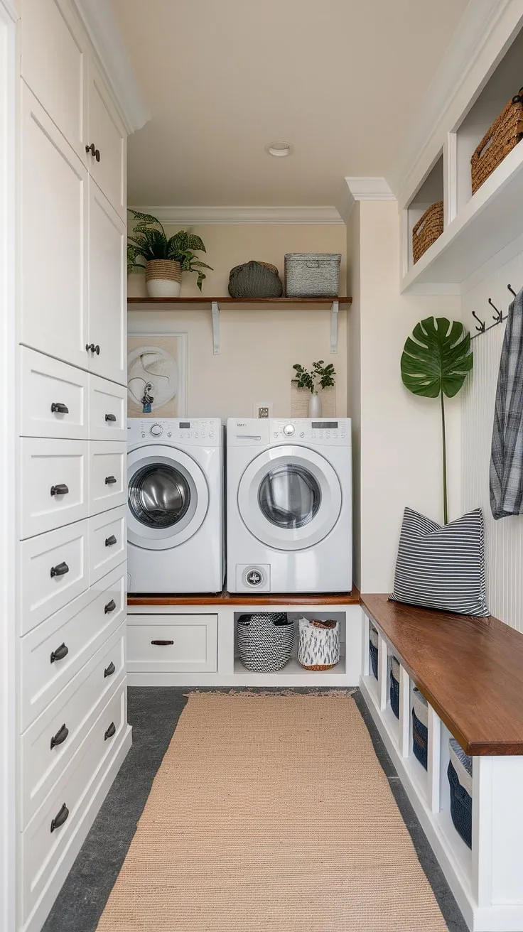 This stylish laundry room seamlessly blends functionality with modern design.  The thoughtful laundry room layouts maximize space, creating a dream laundry room that's both practical and aesthetically pleasing.  From the integrated mudroom to the clever use of storage, this laundry room renovation is a masterclass in utility room designs and laundry design.