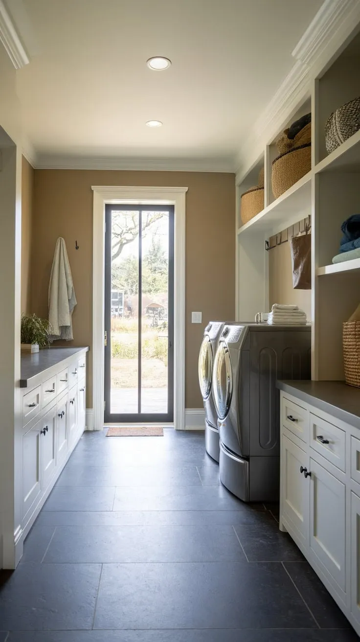A bright stylish mudroom seamlessly integrates laundry and utility functions with ample storage, offering both practicality and design appeal