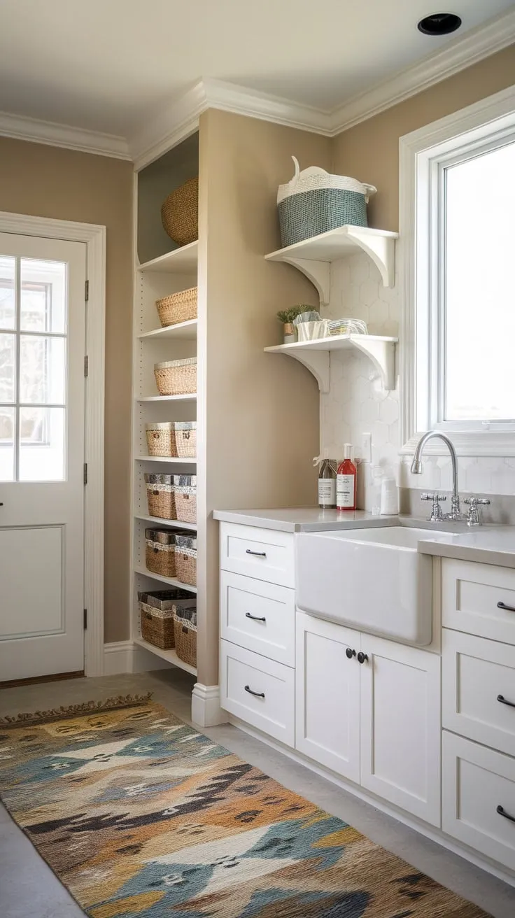 A stylish mudroom laundry combo boasts white cabinets, a utility sink, and patterned flooring, seamlessly blending practicality with modern design