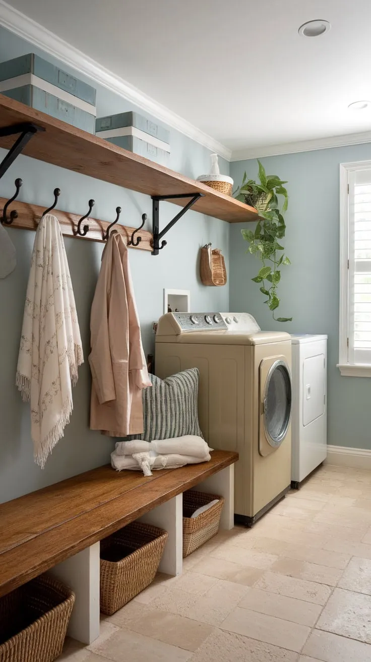 Beige tile floors and a potted plant complete this charming and functional space.