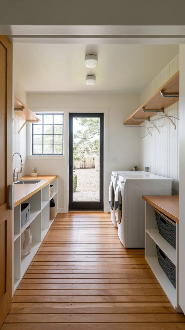 A bright modern mudroom laundry room boasts wood floors, ample storage, and convenient outdoor access.