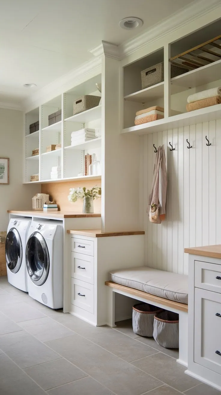 A stylish mudroom seamlessly integrates a modern laundry area featuring white cabinetry, appliances, and tiled floors, complemented by a comfy bench.