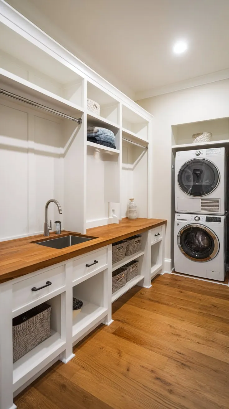 A stylish modern mudroom laundry room boasts ample storage, a utility sink, and washer/dryer, all within a bright white-walled space with wooden floors.
