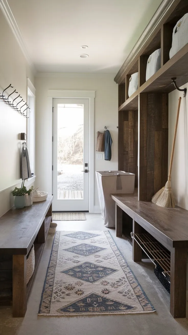 A stylish modern mudroom laundry room seamlessly blends rustic charm with practical storage and organization.
