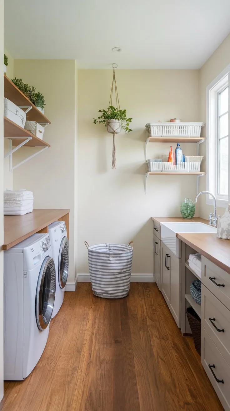 Stylishly combine laundry, mudroom, and pantry needs in a bright, efficiently designed room featuring wooden floors and convenient storage solutions.