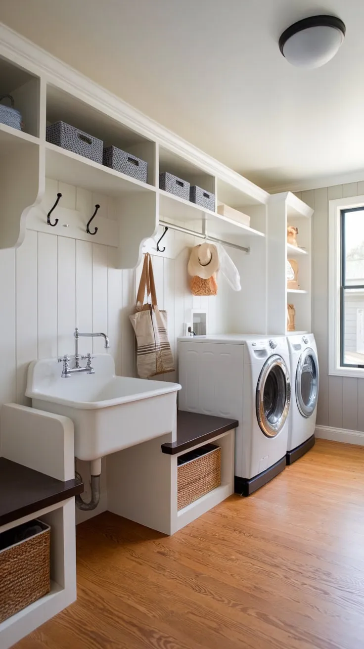This efficient mudroom laundry room combines practicality with style, featuring a washer, dryer, utility sink, and abundant storage in a light and airy design.