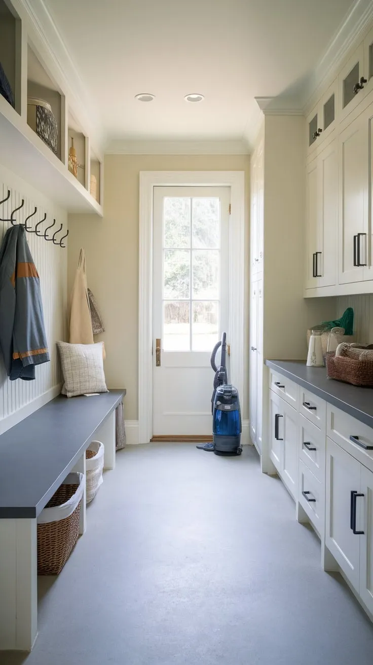 A stylish mudroom laundry room seamlessly blends functionality with modern design, featuring light gray floors, white cabinets, and ample storage for coats, cleaning supplies, and laundry essentials.