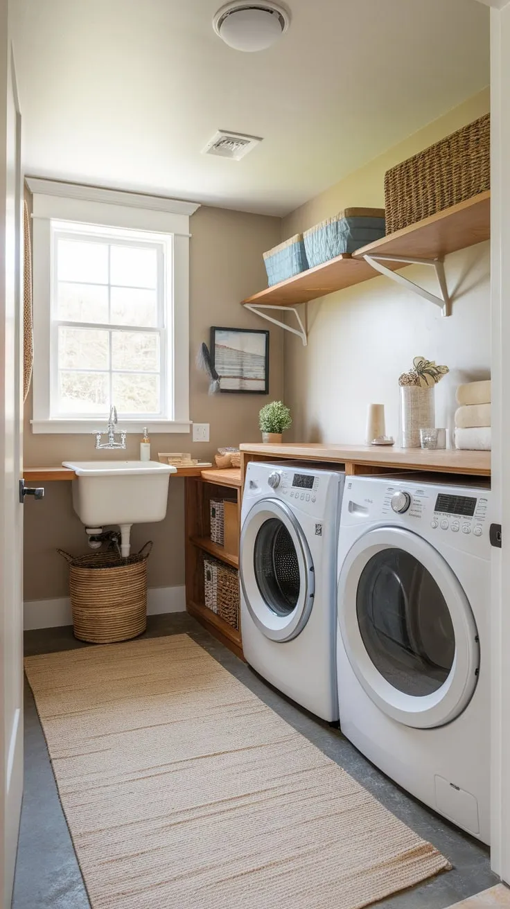 A stylish mudroom laundry room renovation boasts a modern design with white appliances, wooden accents, and a calming beige palette.