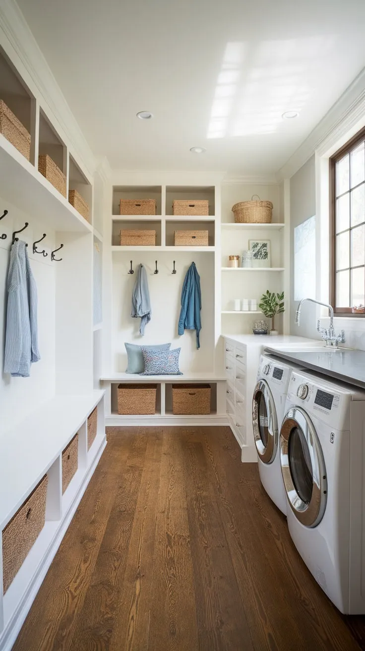 Stylishly designed, this combined mudroom and laundry room offers efficient organization and a bright, welcoming space.
