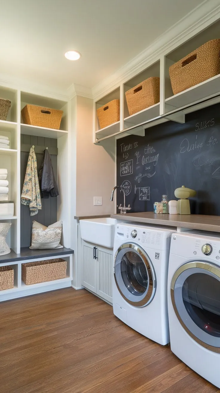 This dream laundry room seamlessly blends mudroom functionality with a chic design featuring a utility sink washer dryer and clever storage solutions.