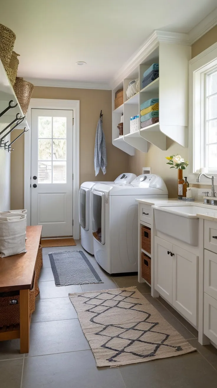 Beige walls and natural wood accents create a serene yet functional space for laundry and outdoor gear.