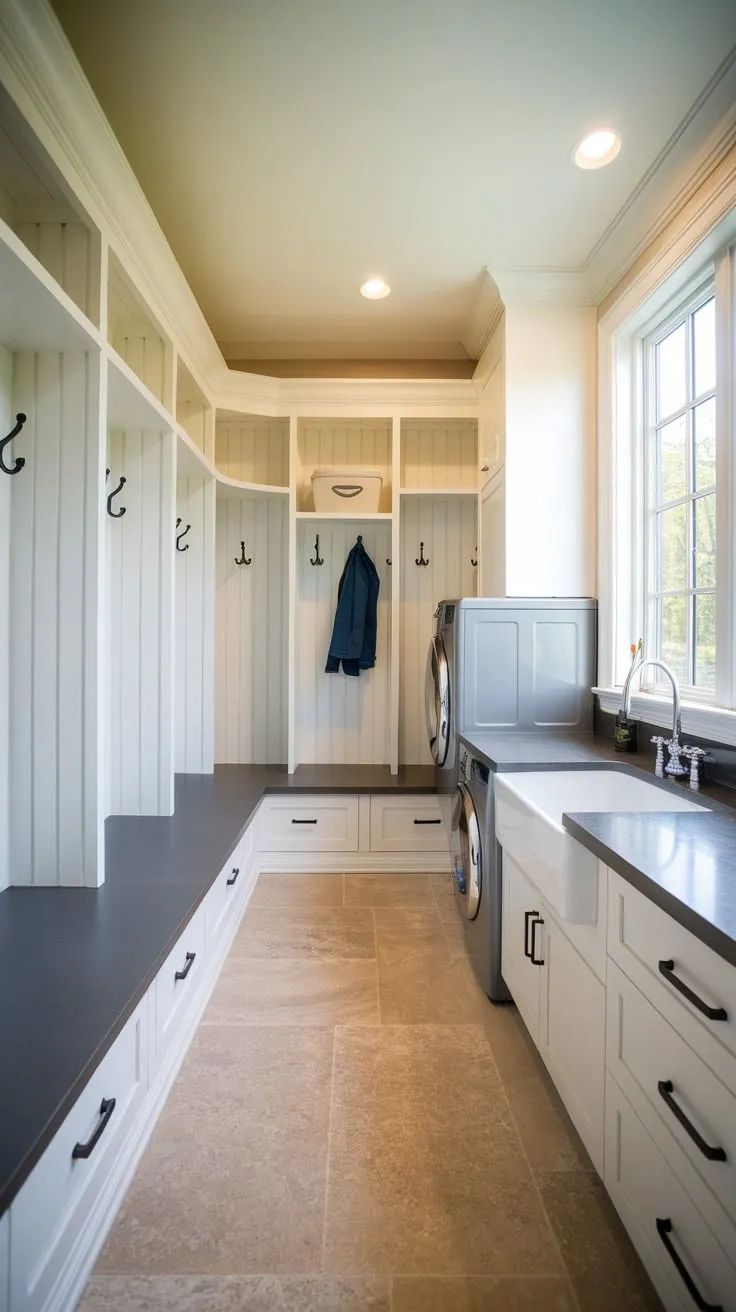 A bright and efficient mudroom laundry combo features a chic design with white cabinets, grey countertops, and convenient storage solutions.