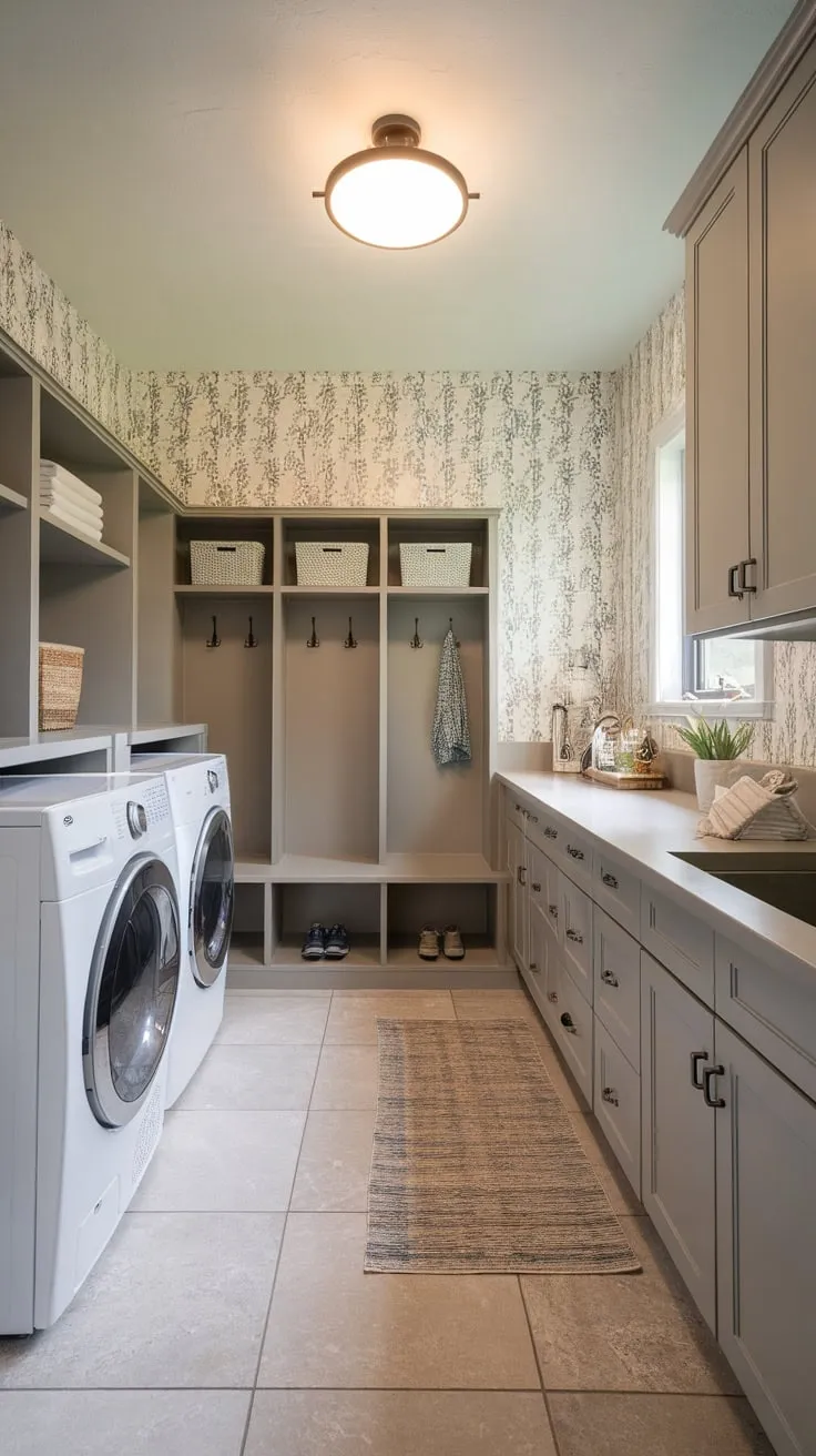 This modern space seamlessly blends laundry functionality with mudroom practicality and pantry storage in a beautifully designed room.