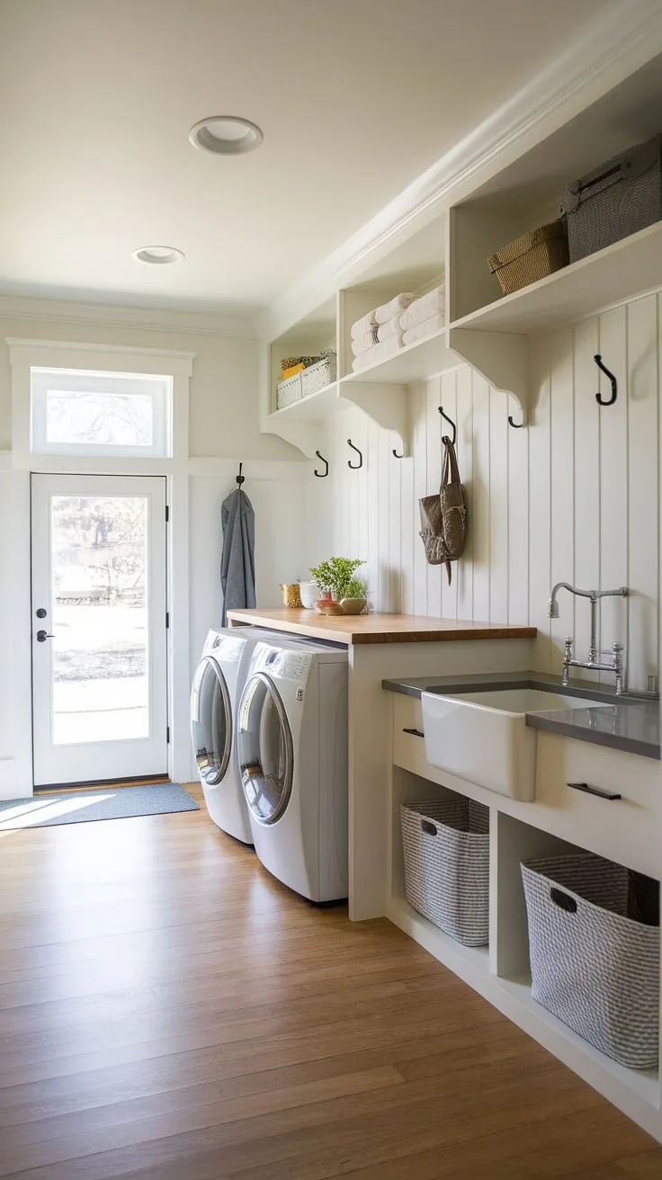 Transform your laundry routine with this stunning pantry laundry room.  This dream laundry room boasts a spacious design, incorporating a mudroom laundry room for ultimate convenience.  The modern laundry rooms aesthetic is achieved through thoughtful laundry room layouts and clever storage solutions, making this laundry room renovation a true inspiration for anyone considering updating their laundry space.