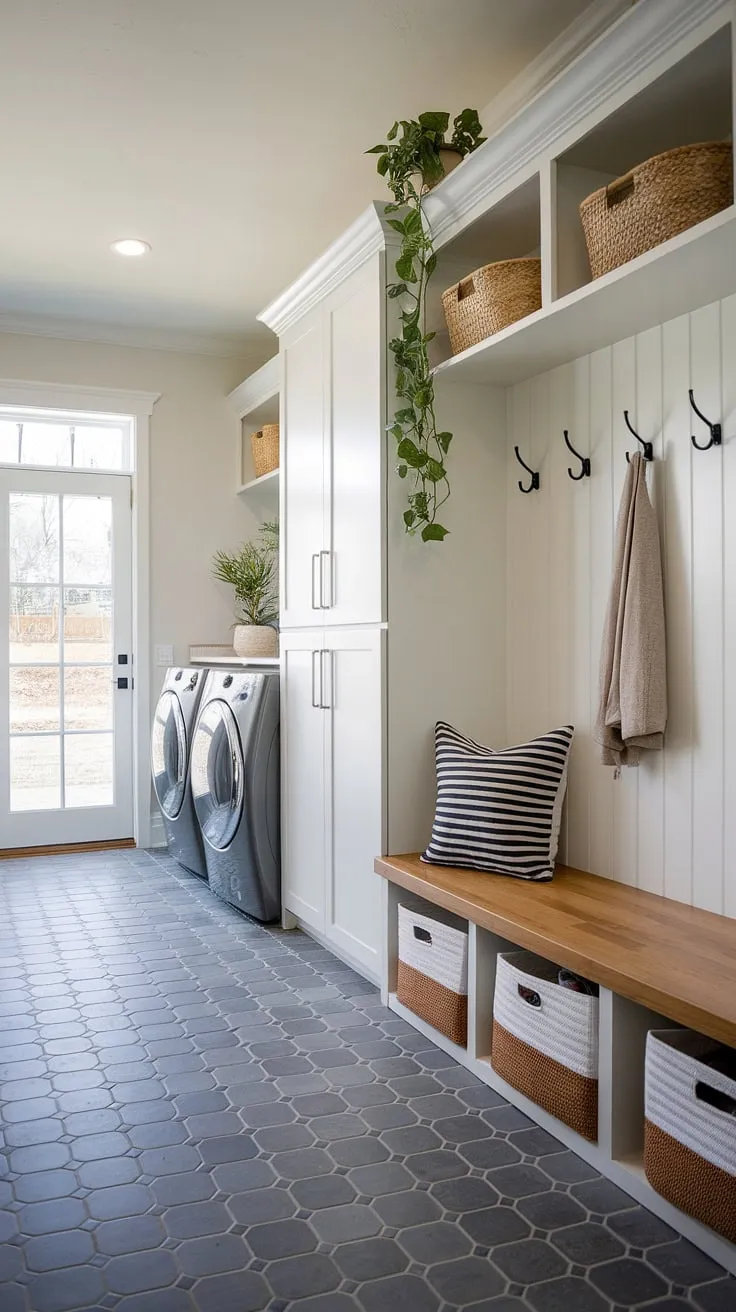 This modern mudroom laundry room is the epitome of stylish functionality.  The clever pantry integration, thoughtful laundry room layouts, and serene design make this laundry room renovation a dream laundry room come true.  From the utility room designs to the carefully chosen details, every element contributes to a space that's both practical and beautiful, showcasing the best in modern laundry rooms and laundry design.