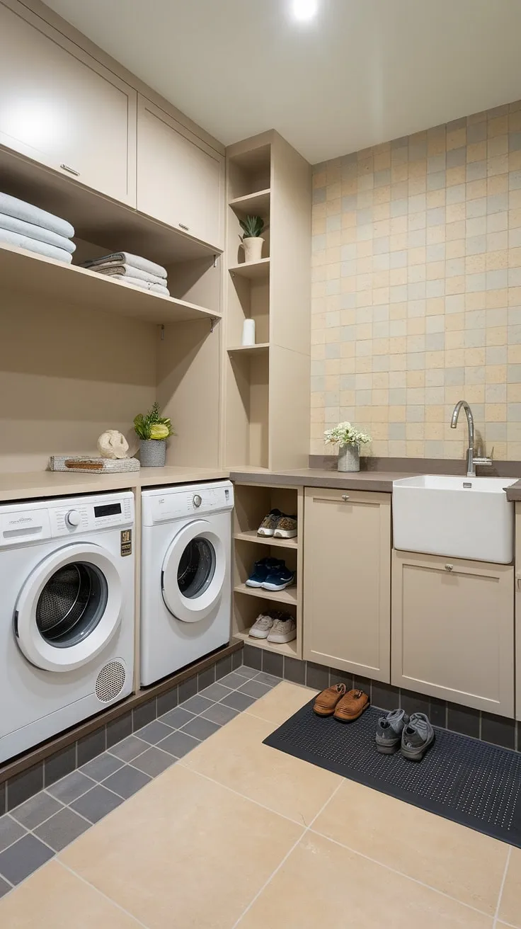 Transform your laundry routine with this stunning mudroom laundry room.  This stylish laundry room boasts efficient laundry room layouts, clever storage solutions, and a modern aesthetic.  The result? A dream laundry room that's as functional as it is beautiful, a testament to exceptional laundry room renovation and modern laundry rooms design.