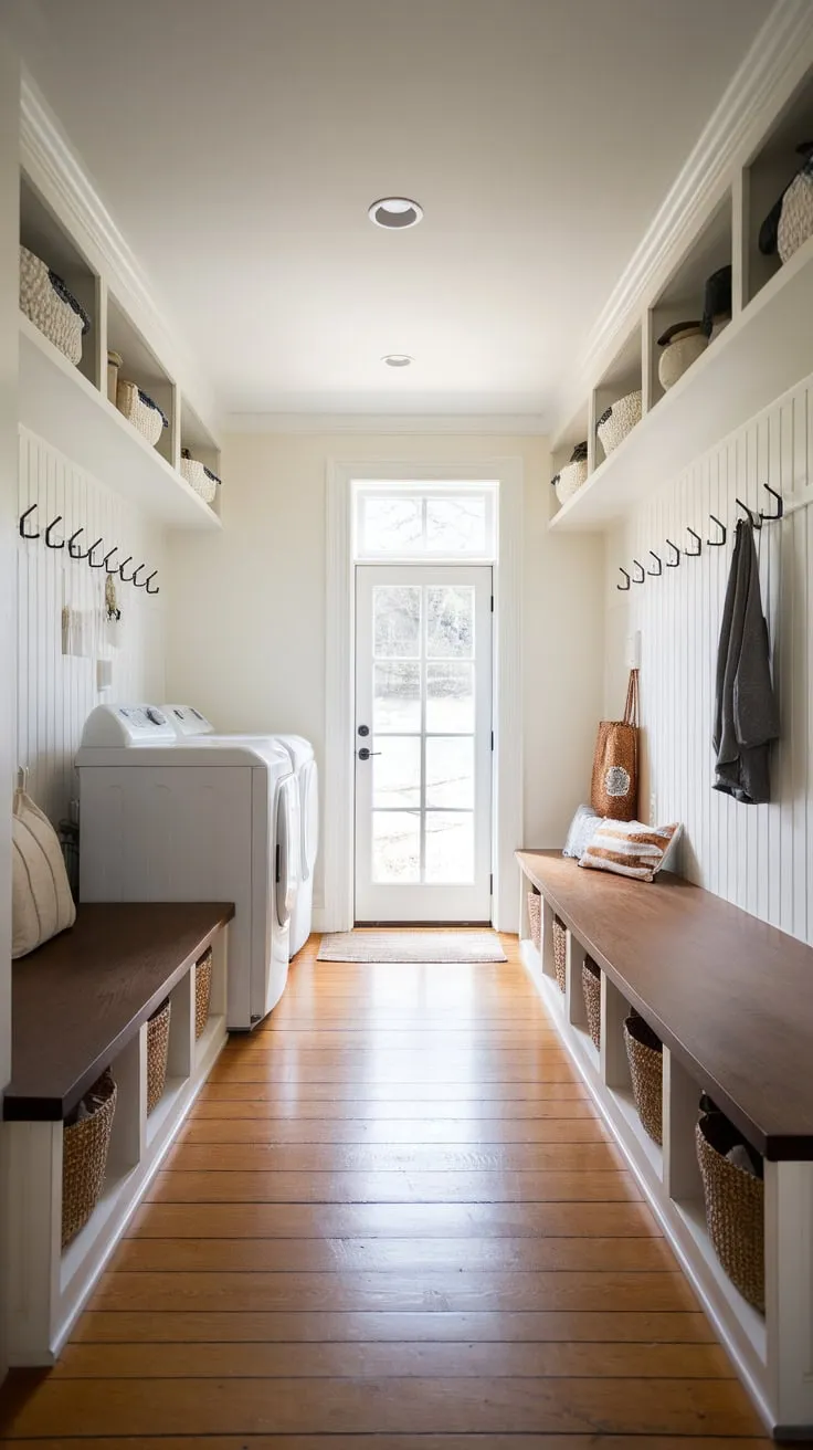 Stylish modern design meets practical function in this sunlit mudroom laundry room with abundant storage and direct outdoor access.