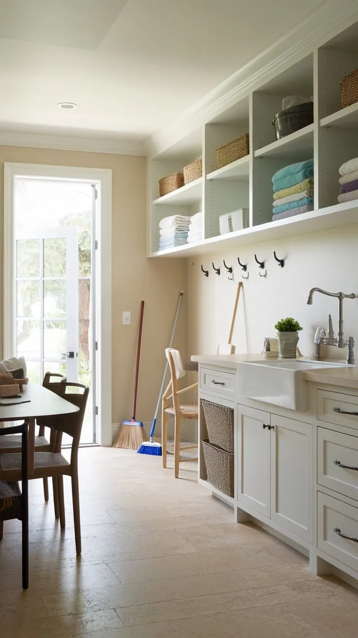 A stylish mudroom seamlessly integrates laundry, pantry, and utility functions in a bright space with ample storage and a convenient workspace