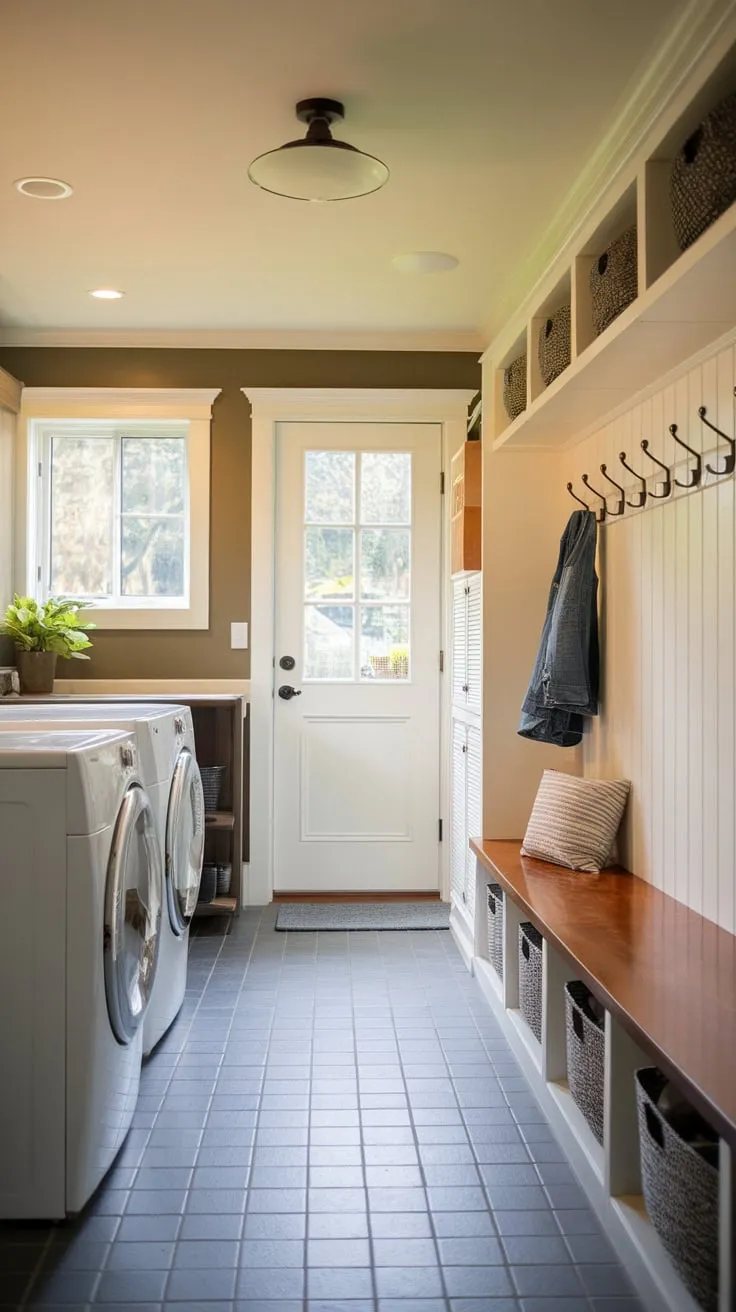 Warm lighting and thoughtful design create a functional yet inviting space for laundry and outdoor gear.