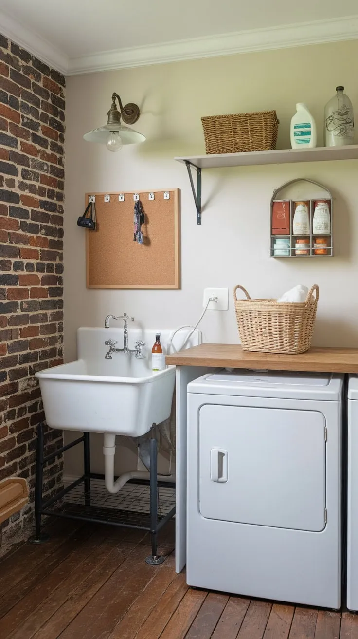 Rustic charm meets laundry day efficiency in this mudroom featuring a washer, dryer, utility sink, and convenient storage, all within a space showcasing exposed brick and wood.