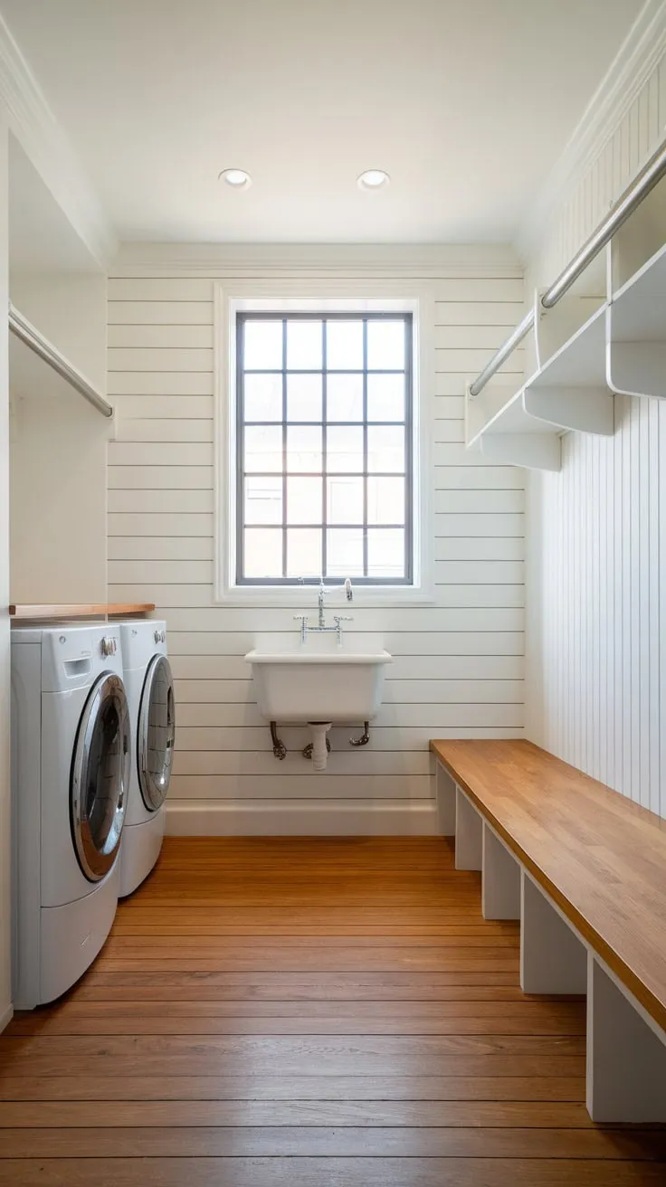 A bright modern mudroom laundry room boasts ample storage, a utility sink, and laundry machines within a stylish and functional design.