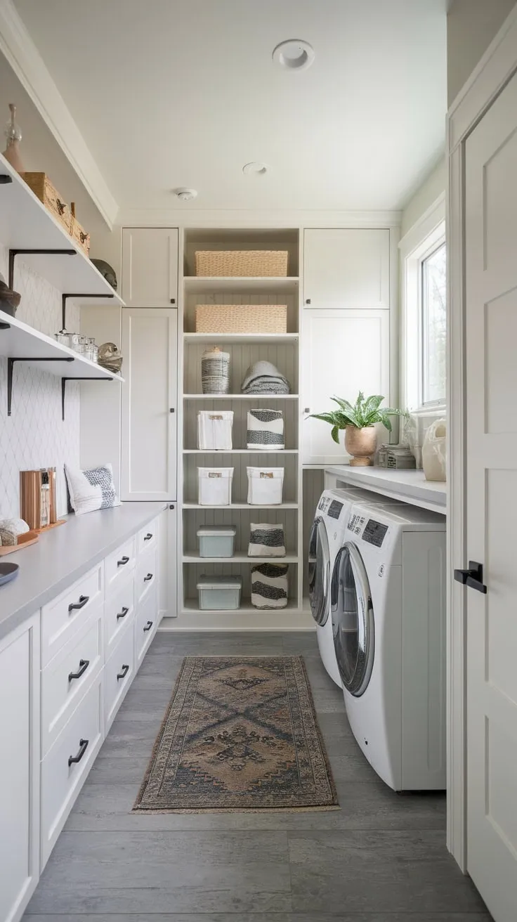 Modern design meets practical function in this combined mudroom and laundry room, featuring sleek cabinetry and convenient storage.
