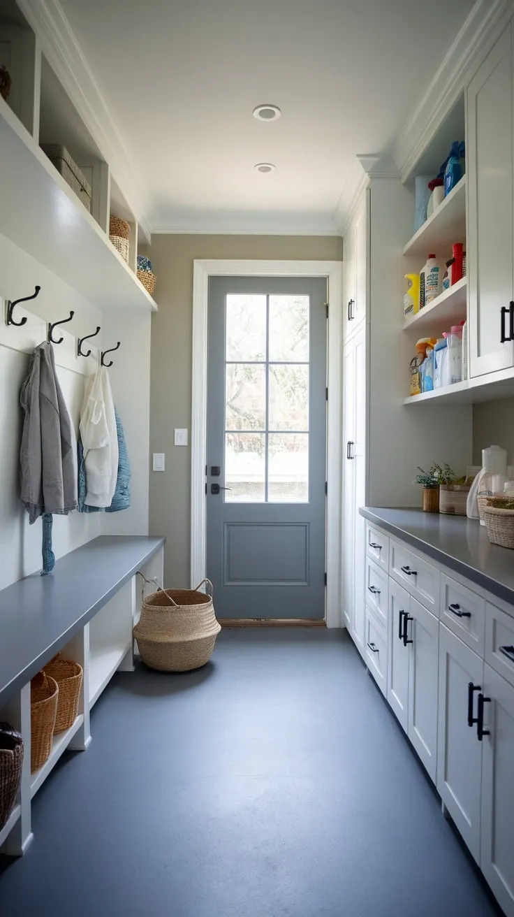 A stylish grey-floored mudroom seamlessly integrates laundry functionality with ample storage and convenient outdoor access