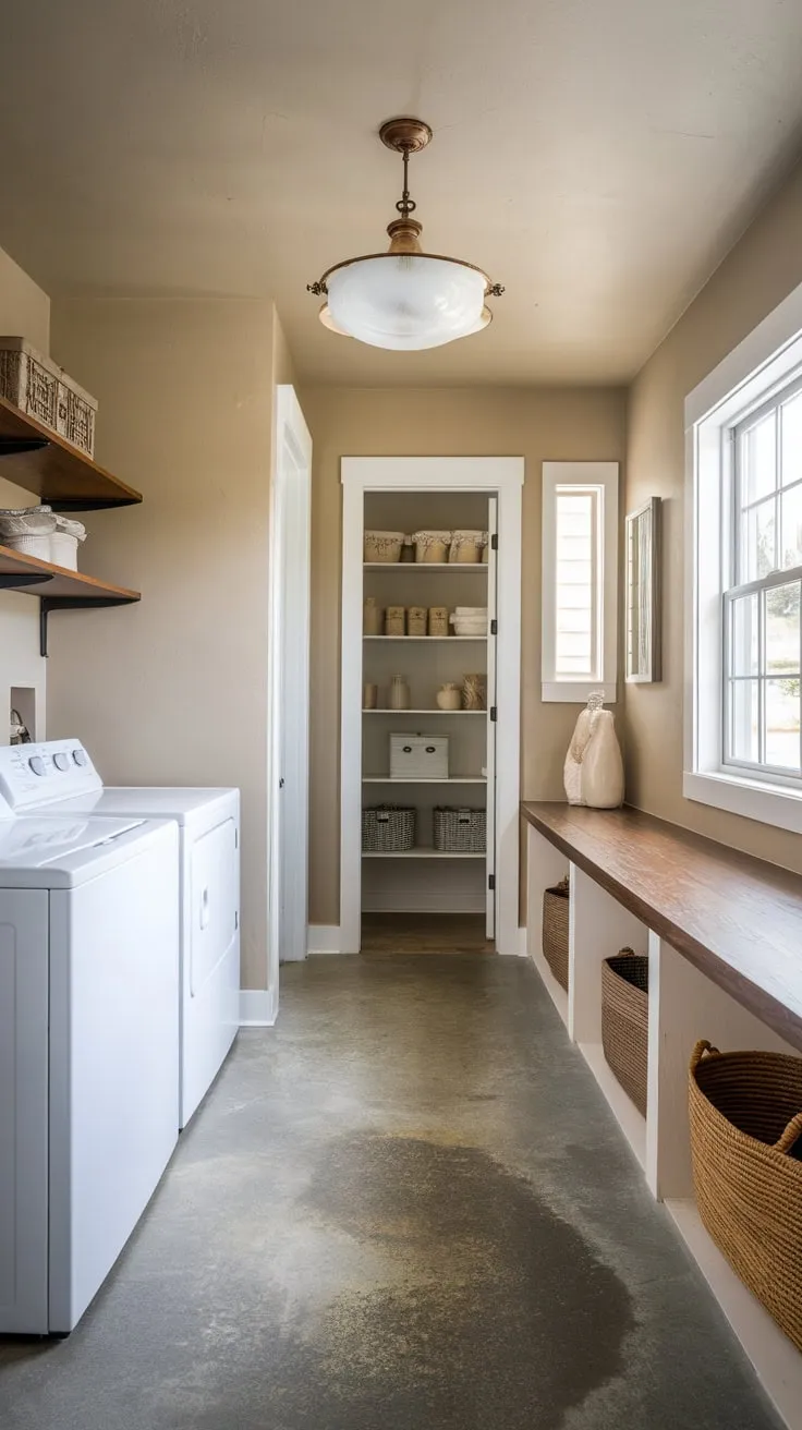 A modern mudroom laundry room seamlessly blends practicality with style featuring concrete floors, white appliances, and warm wood accents under a vintage light.