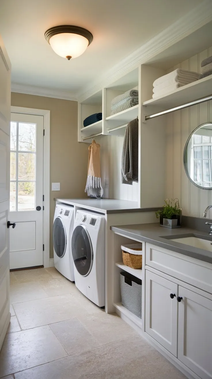 A stylish mudroom laundry room seamlessly blends functionality with modern design, featuring washer/dryer, sink, ample storage, and exterior access.