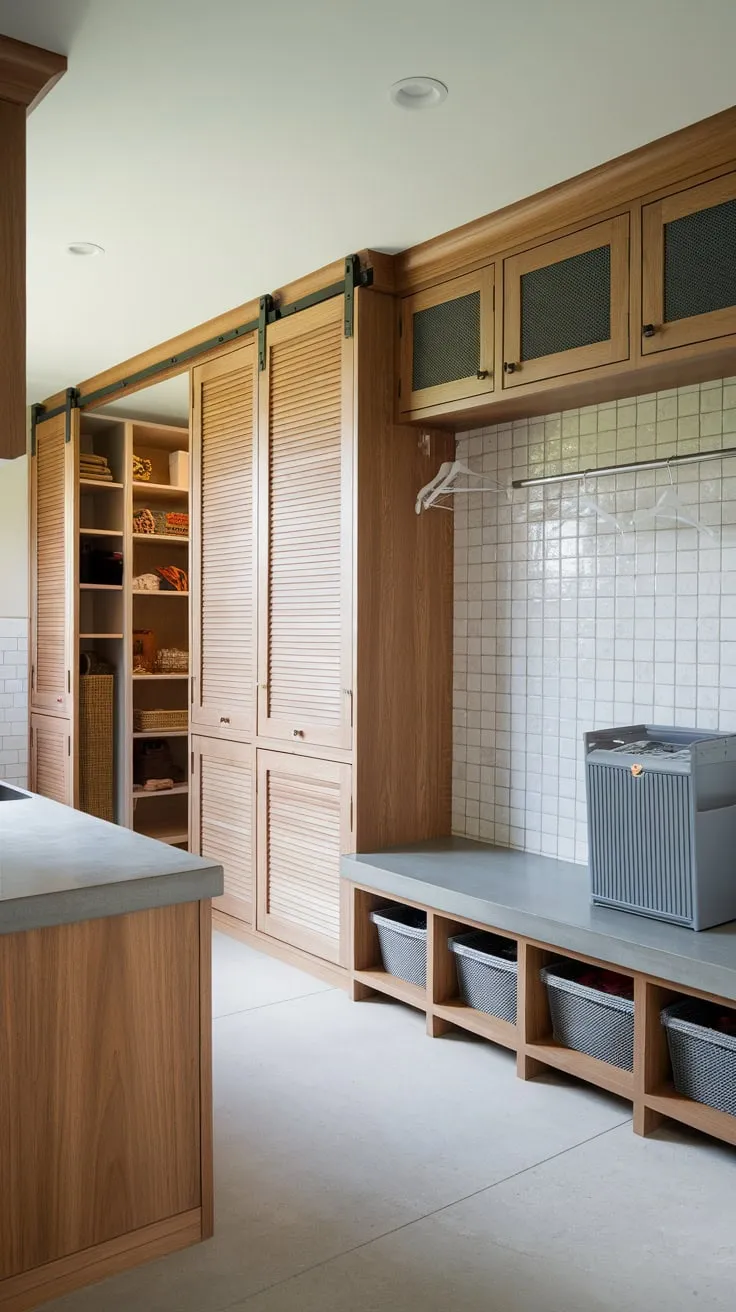 A stylish mudroom laundry room boasts ample storage, a concrete countertop, and natural light for a functional yet modern space