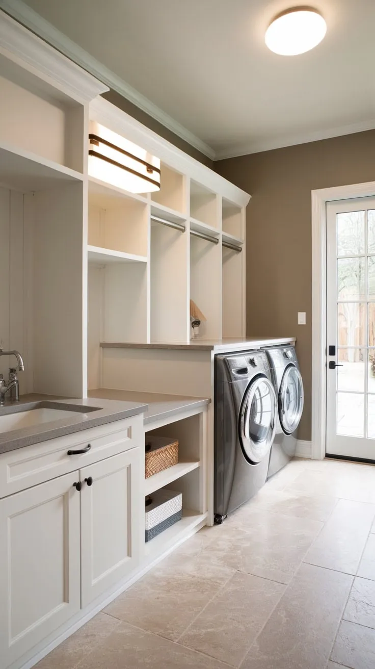 Beige and grey tones create a calming atmosphere in this efficient mudroom laundry combo, complete with built-in storage and a convenient sink.