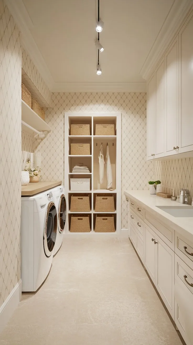 A stylish mudroom-laundry-pantry combo boasts white cabinets, beige flooring, and ample storage for a seamlessly organized home