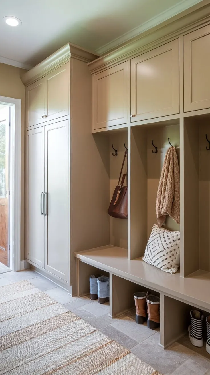 Organized mudroom featuring lockers with doors, a bench, and ample storage for coats and shoes