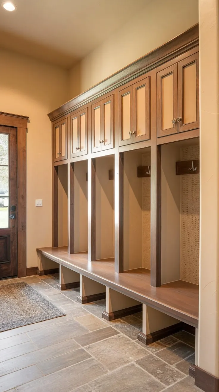 A welcoming mudroom boasts stylish beige lockers with wooden doors and matching cabinets, creating efficient and attractive storage.
