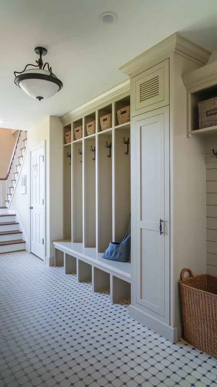 Stylish mudroom lockers with doors offer efficient storage solutions in a charming checkered-floor setting.