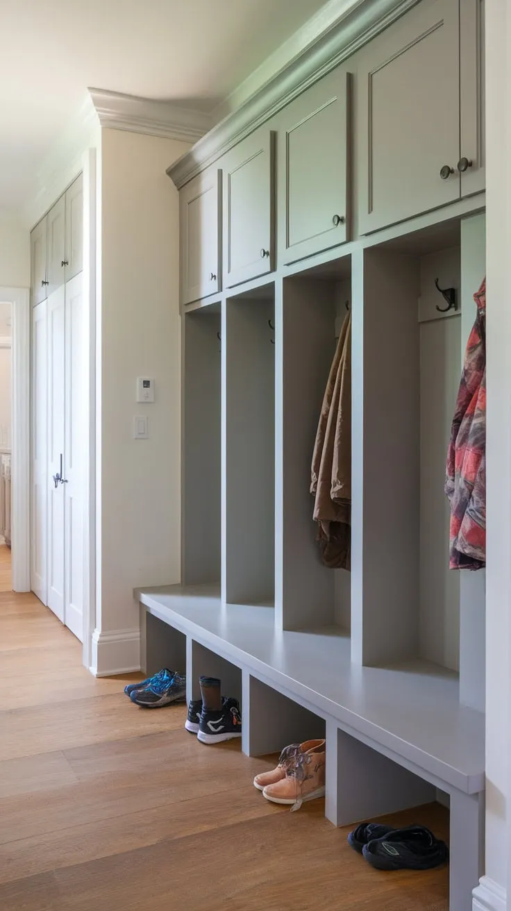 A white-walled mudroom boasts practical lockers with doors, providing efficient storage solutions amidst a charmingly cluttered atmosphere.